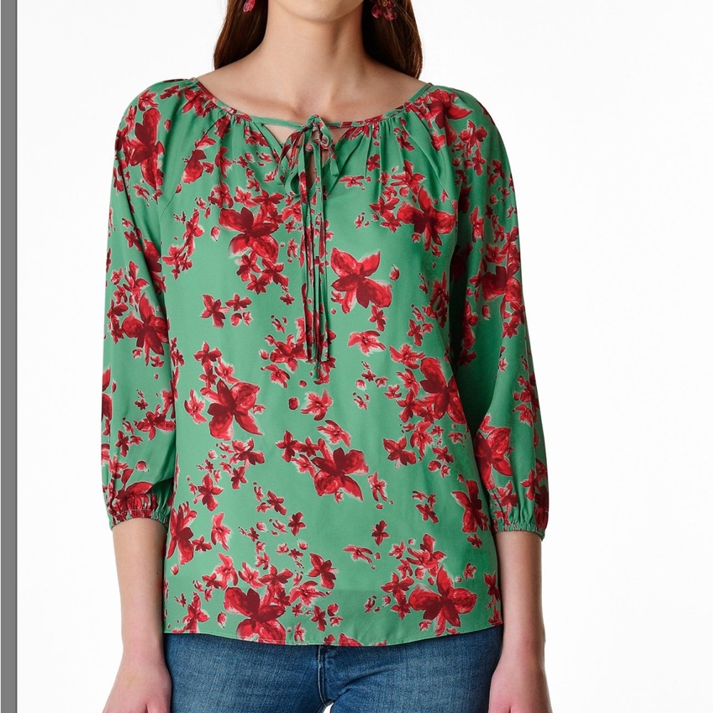 eShakti Wayward Fancies Plus Size 4X 28W Floral Print Flowy Top Blouse Green Red